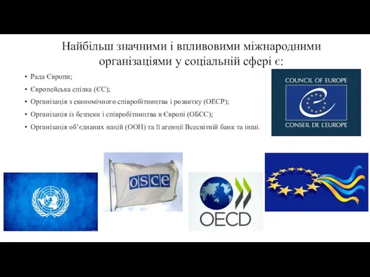 Найбільш значними і впливовими міжнародними організаціями у соціальній сфері є: Рада Європи; Європейська