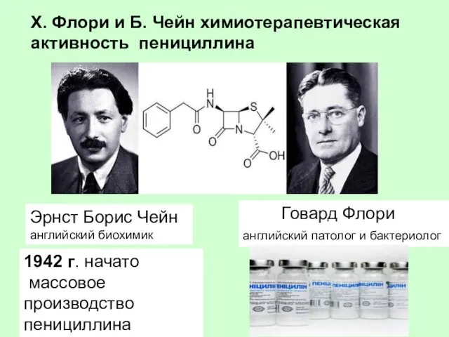 1942 г. начато массовое производство пенициллина Х. Флори и Б.