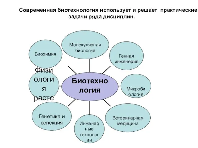 Современная биотехнология использует и решает практические задачи ряда дисциплин.