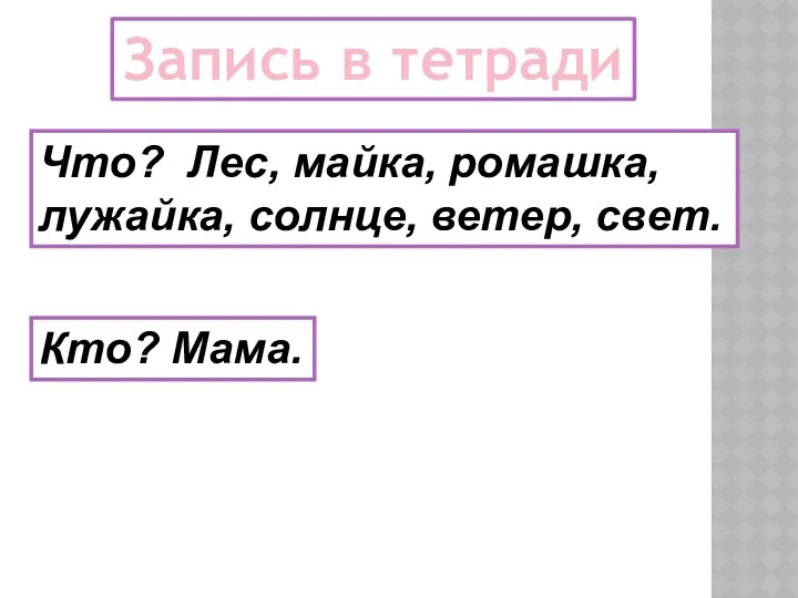 Что? Лес, майка, ромашка, лужайка, солнце, ветер, свет. Кто? Мама. Запись в тетради