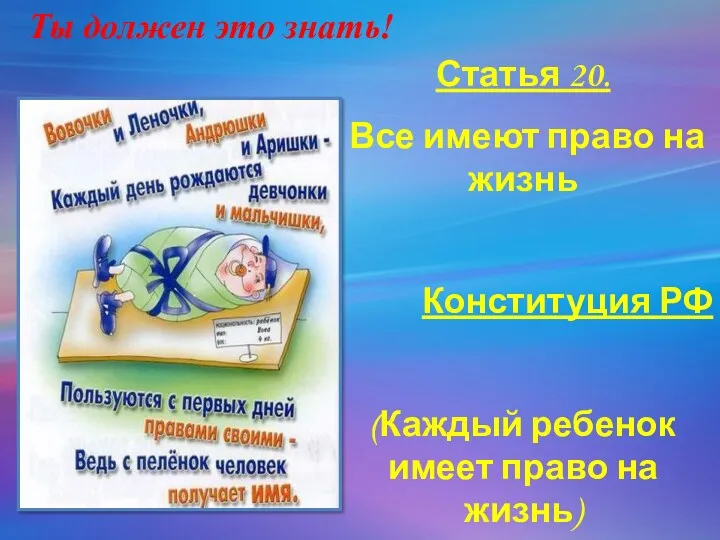 Статья 20. Все имеют право на жизнь Конституция РФ (Каждый