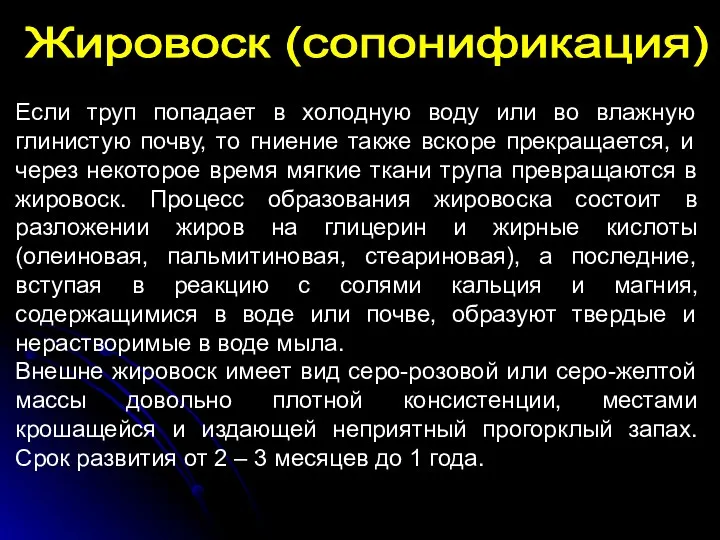 Жировоск (сопонификация) Если труп попадает в холодную воду или во