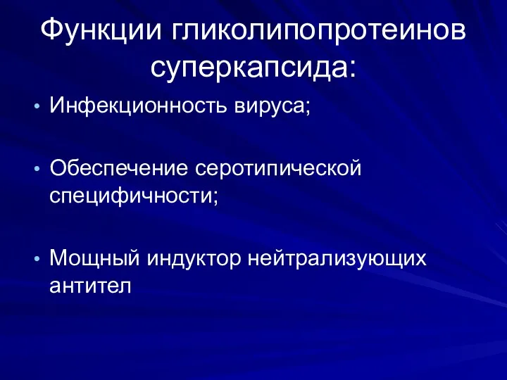 Функции гликолипопротеинов суперкапсида: Инфекционность вируса; Обеспечение серотипической специфичности; Мощный индуктор нейтрализующих антител