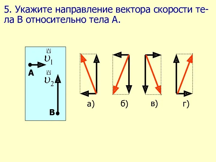 5. Укажите направление вектора скорости те-ла В относительно тела А.