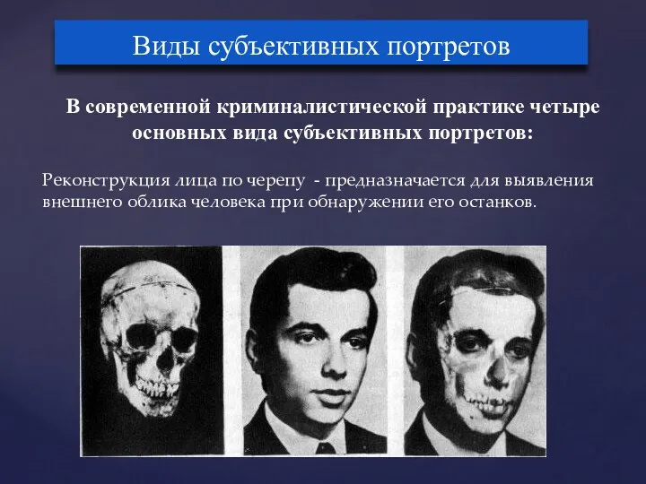 Виды субъективных портретов В современной криминалистической практике четыре основных вида субъективных портретов: Реконструкция