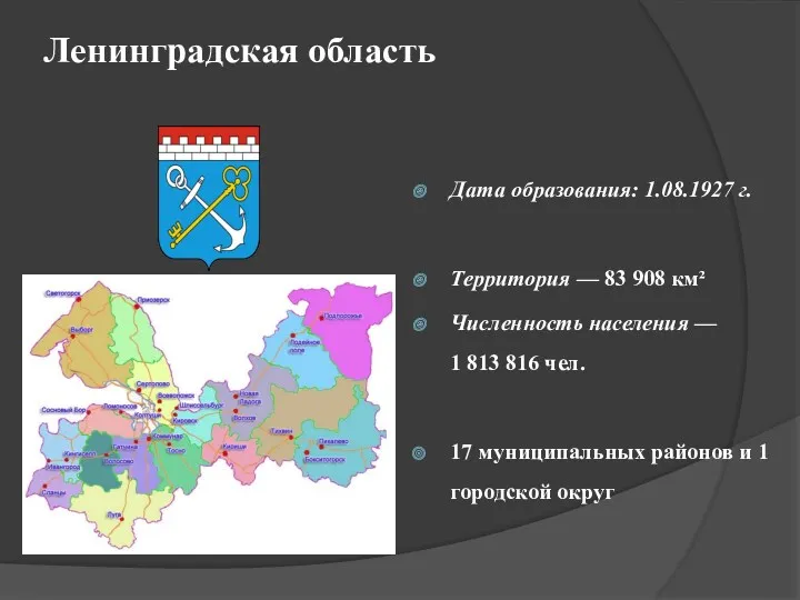 Ленинградская область Дата образования: 1.08.1927 г. Территория — 83 908