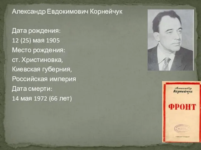 Александр Евдокимович Корнейчук Дата рождения: 12 (25) мая 1905 Место