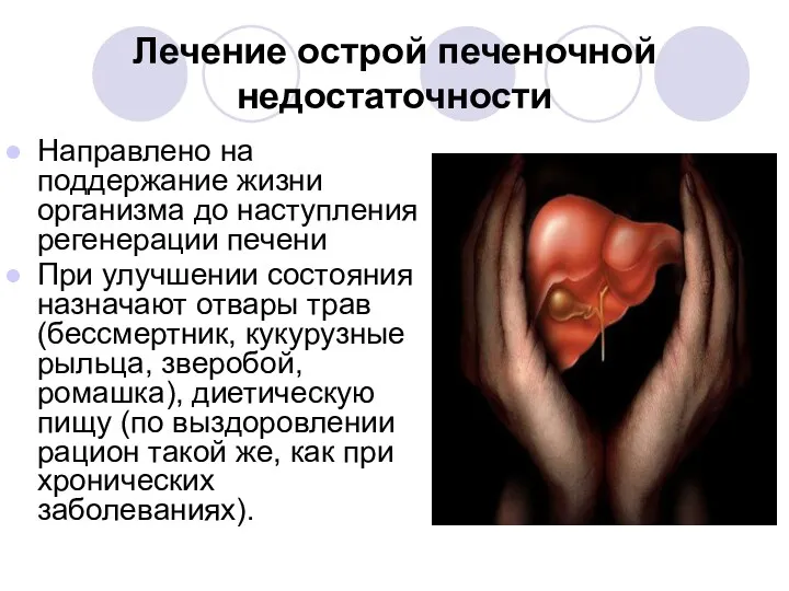 Лечение острой печеночной недостаточности Направлено на поддержание жизни организма до наступления регенерации печени