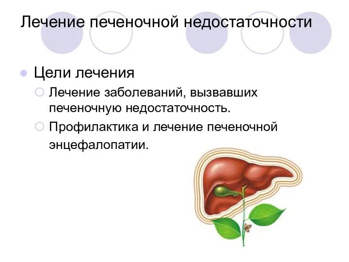 Лечение печеночной недостаточности Цели лечения Лечение заболеваний, вызвавших печеночную недостаточность. Профилактика и лечение печеночной энцефалопатии.