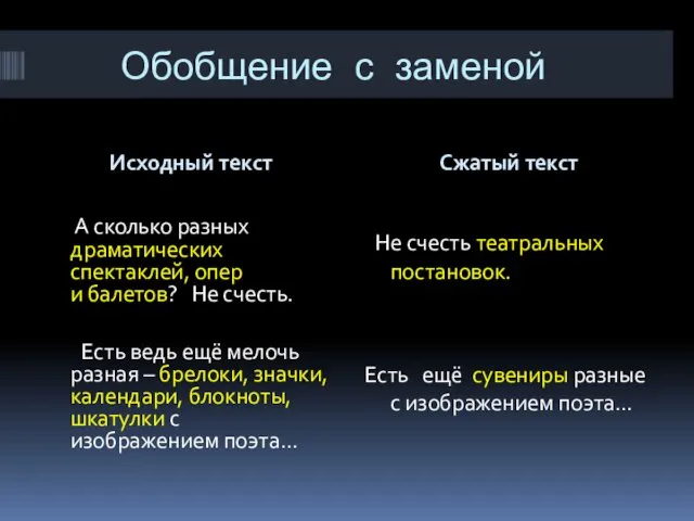 Обобщение с заменой Исходный текст Сжатый текст Не счесть театральных