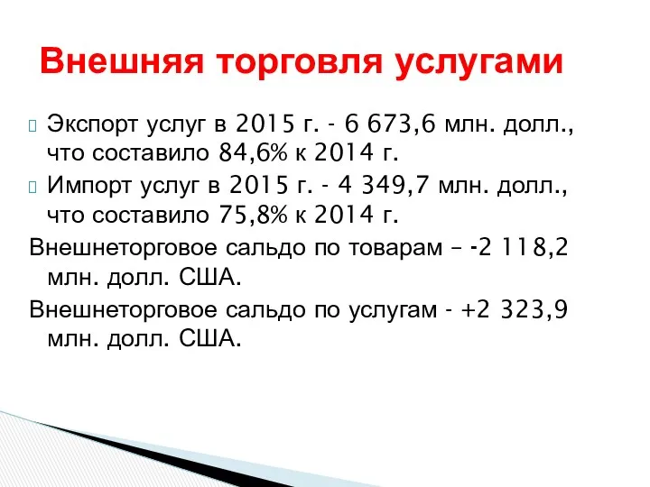 Экспорт услуг в 2015 г. - 6 673,6 млн. долл.,