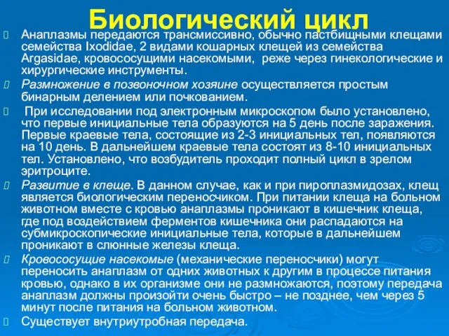 Биологический цикл Анаплазмы передаются трансмиссивно, обычно пастбищными клещами семейства Ixodidae,