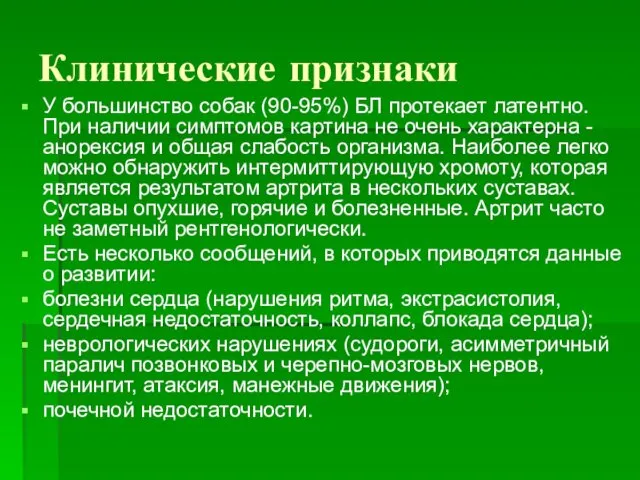 Клинические признаки У большинство собак (90-95%) БЛ протекает латентно. При