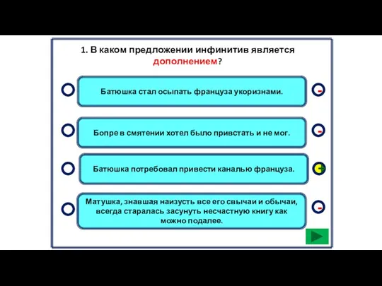 1. В каком предложении инфинитив является дополнением? Батюшка стал осыпать