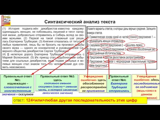 Правильный ответ №4: Екатерина Трубецкая отправилась Правильный ответ №1: подлежащее