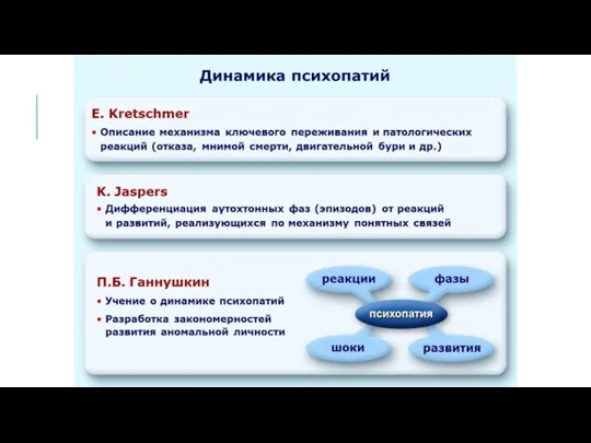 Учение о динамике психопатий Разработка закономерностей развития аномальной личности П.Б. Ганнушкин реакции фазы