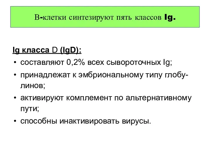 Ig класса D (IgD): составляют 0,2% всех сывороточных Ig; принадлежат