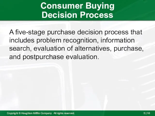 Consumer Buying Decision Process A five-stage purchase decision process that