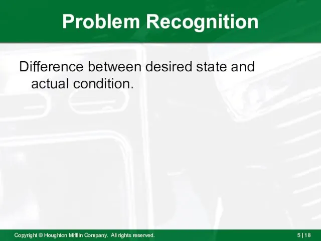 Problem Recognition Difference between desired state and actual condition.