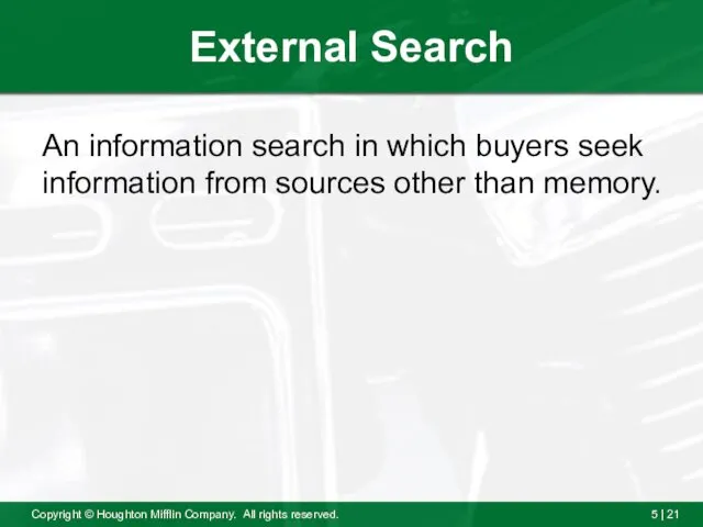 External Search An information search in which buyers seek information from sources other than memory.
