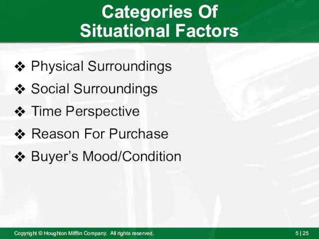 Categories Of Situational Factors Physical Surroundings Social Surroundings Time Perspective Reason For Purchase Buyer’s Mood/Condition