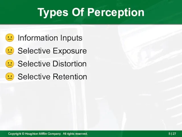 Types Of Perception Information Inputs Selective Exposure Selective Distortion Selective Retention