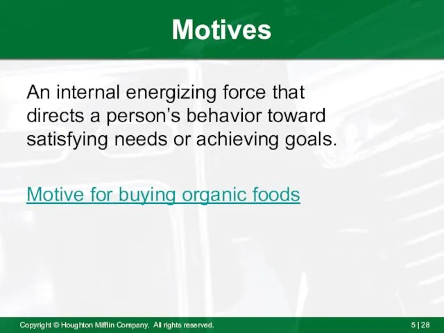 Motives An internal energizing force that directs a person’s behavior