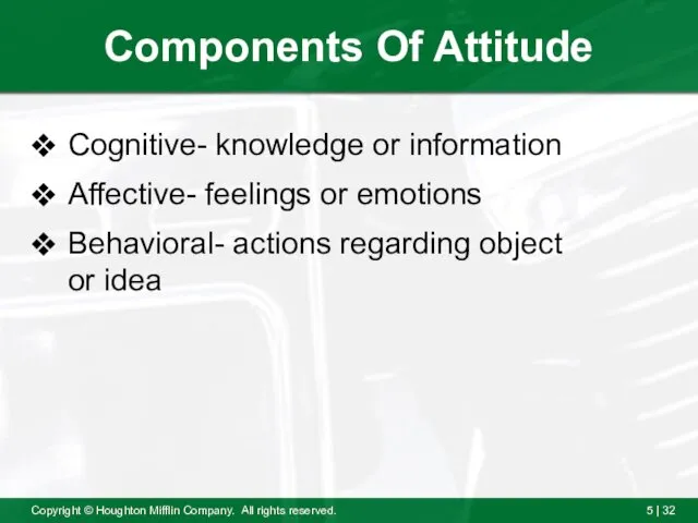 Components Of Attitude Cognitive- knowledge or information Affective- feelings or