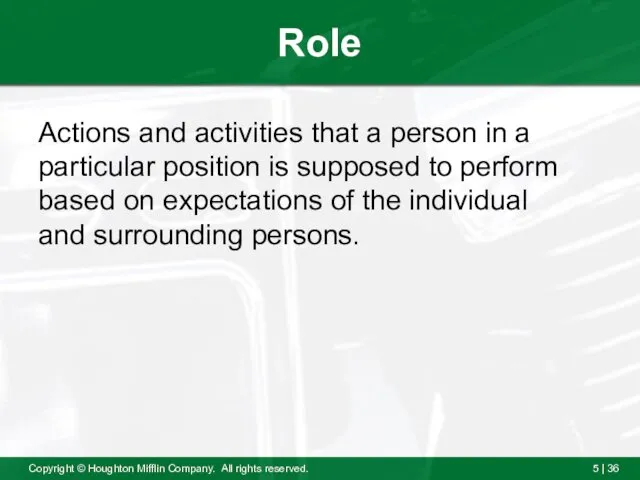 Role Actions and activities that a person in a particular