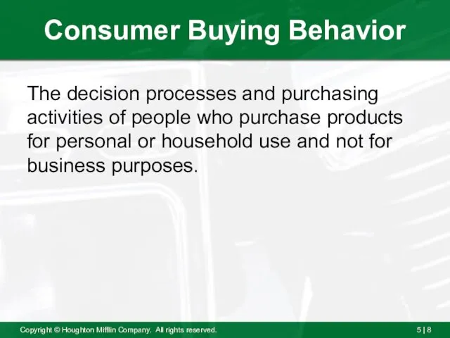 Consumer Buying Behavior The decision processes and purchasing activities of