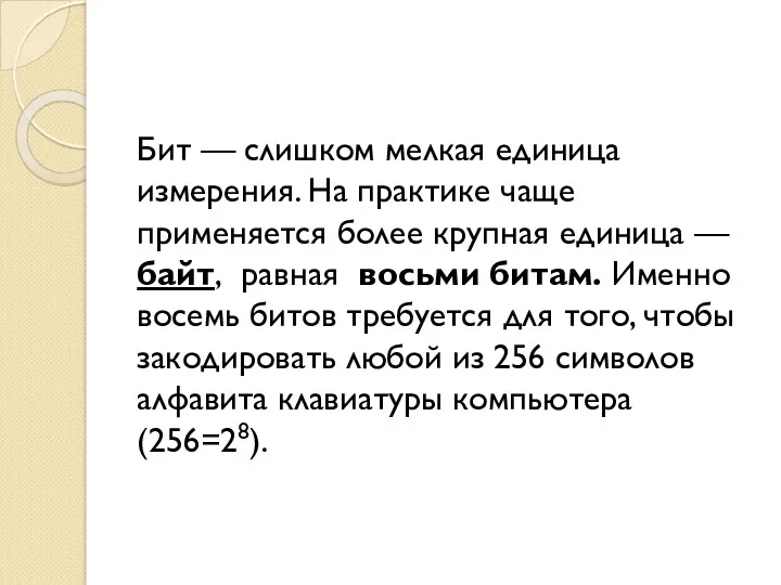 Бит — слишком мелкая единица измерения. На практике чаще применяется