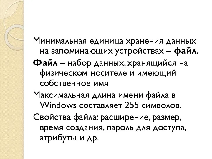 Минимальная единица хранения данных на запоминающих устройствах – файл. Файл