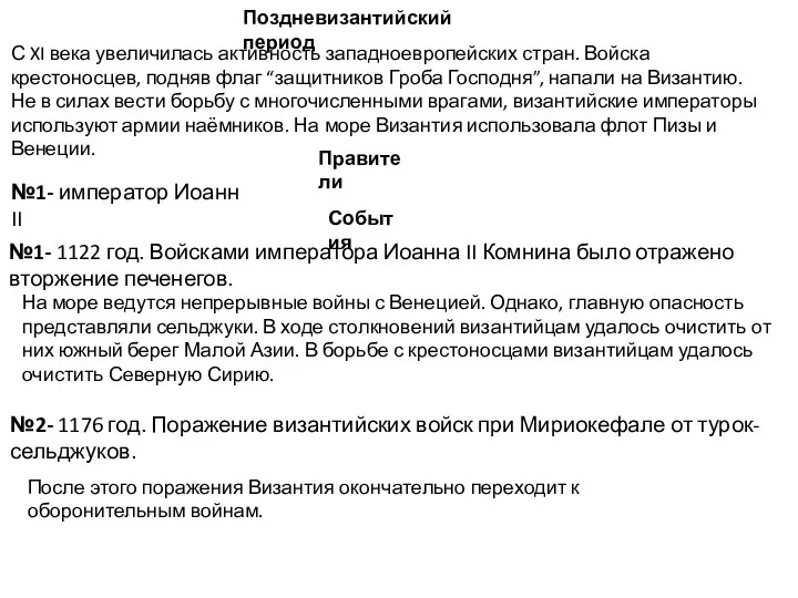 Поздневизантийский период №1- император Иоанн II С XI века увеличилась