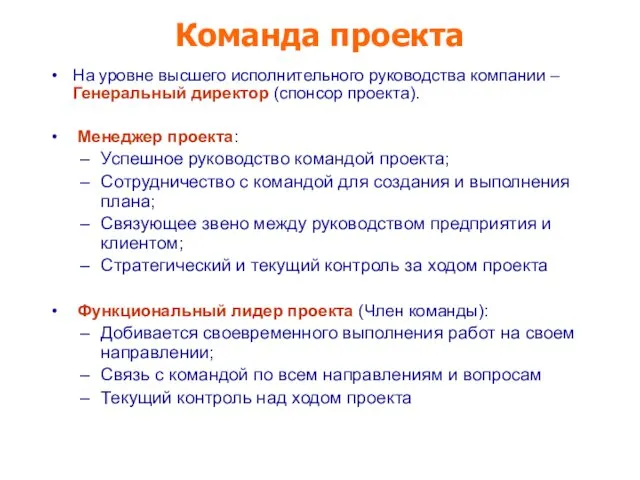 На уровне высшего исполнительного руководства компании – Генеральный директор (спонсор проекта). Менеджер проекта: