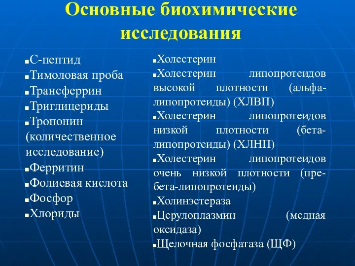 Основные биохимические исследования Холестерин Холестерин липопротеидов высокой плотности (альфа-липопротеиды) (ХЛВП) Холестерин липопротеидов низкой