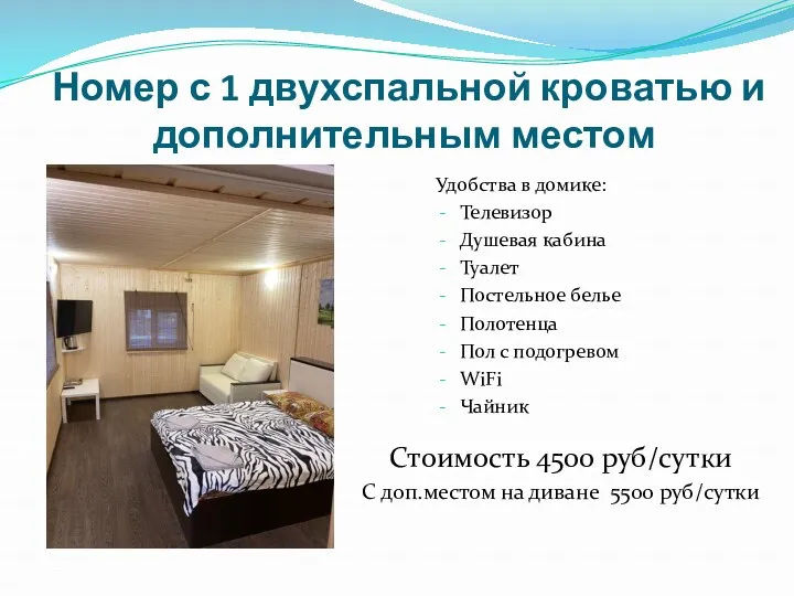 Номер с 1 двухспальной кроватью и дополнительным местом Удобства в домике: Телевизор Душевая