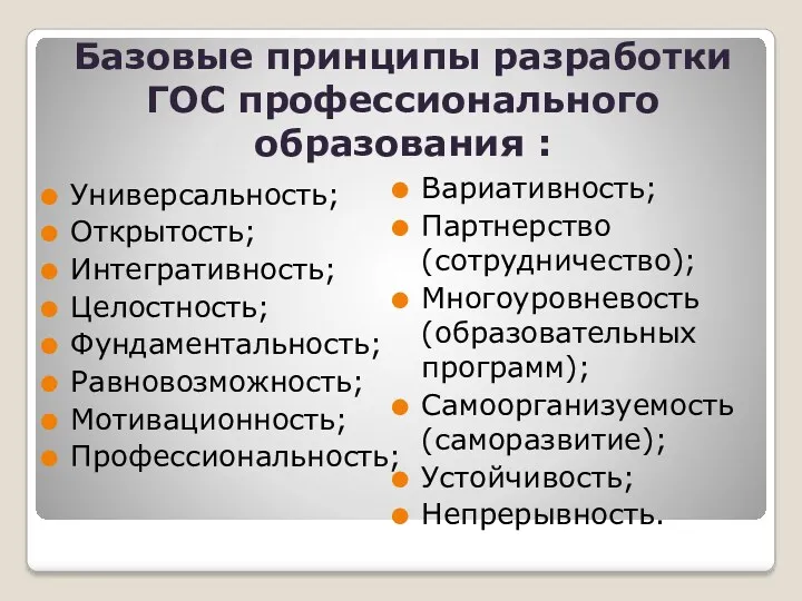 Базовые принципы разработки ГОС профессионального образования : Универсальность; Открытость; Интегративность;