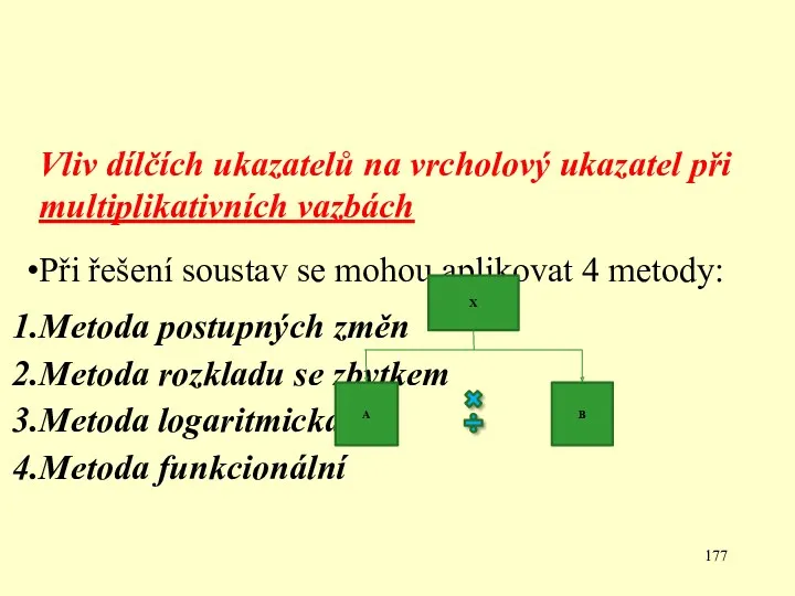 Vliv dílčích ukazatelů na vrcholový ukazatel při multiplikativních vazbách Při