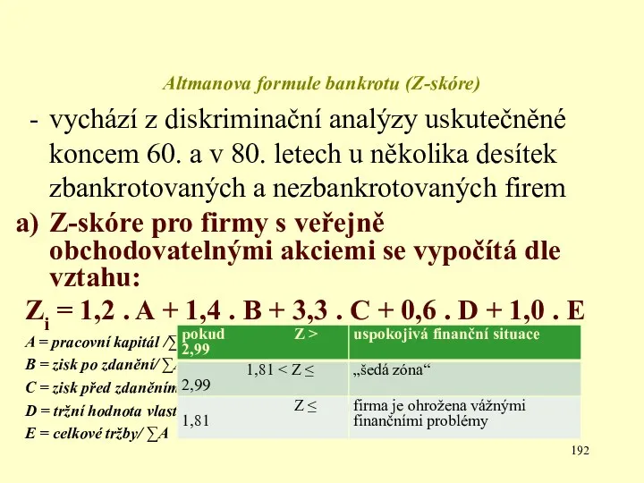 Altmanova formule bankrotu (Z-skóre) vychází z diskriminační analýzy uskutečněné koncem