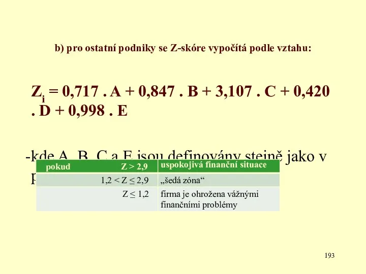 b) pro ostatní podniky se Z-skóre vypočítá podle vztahu: Zi