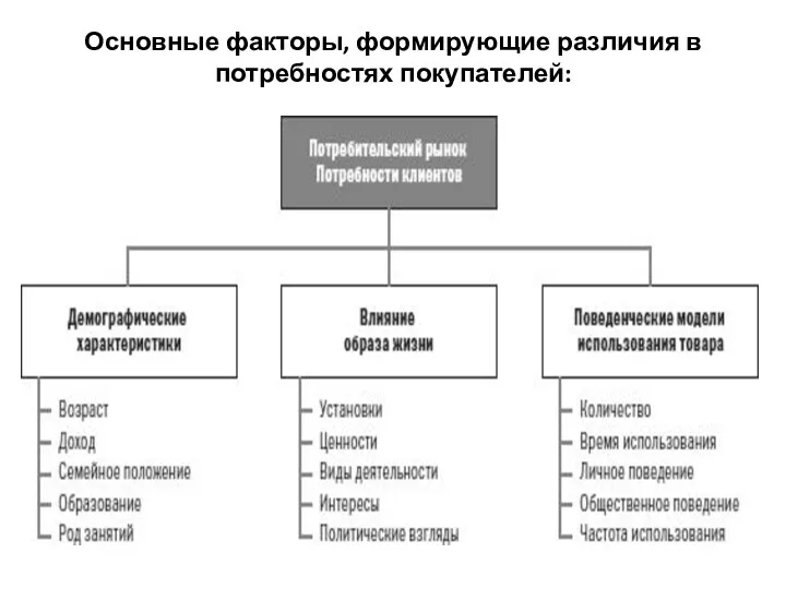 Основные факторы, формирующие различия в потребностях покупателей: