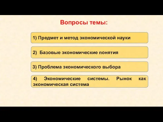 Вопросы темы: 1) Предмет и метод экономической науки 2) Базовые