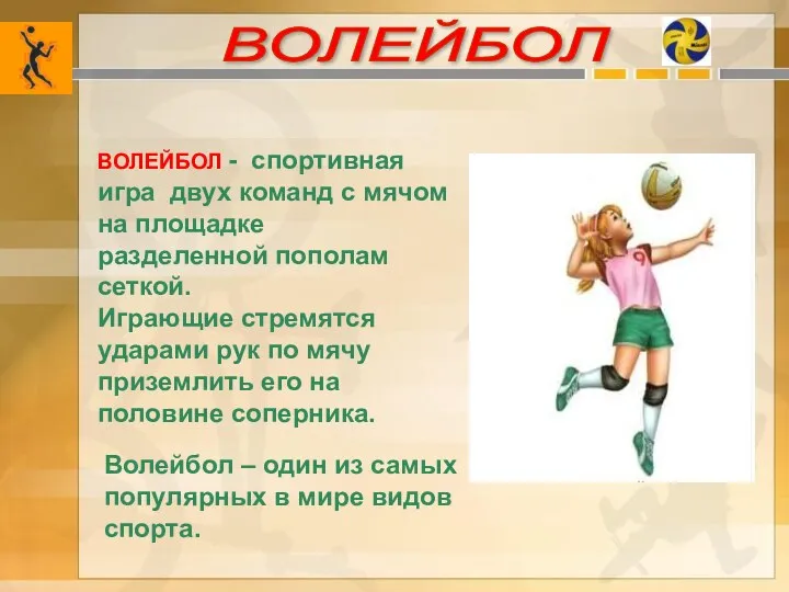 ВОЛЕЙБОЛ Волейбол – один из самых популярных в мире видов