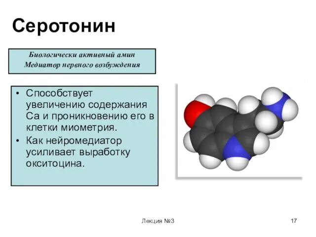 Лекция №3 Серотонин Биологически активный амин Медиатор нервного возбуждения Способствует