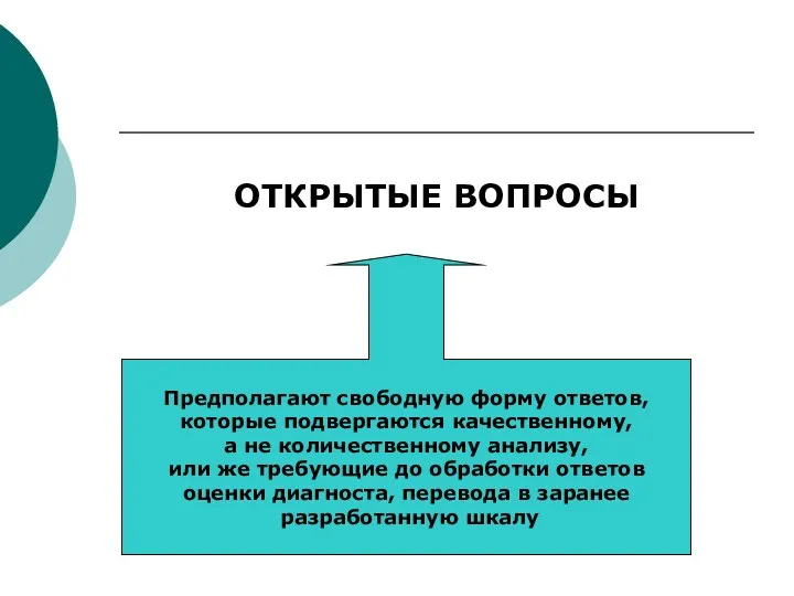 ОТКРЫТЫЕ ВОПРОСЫ Предполагают свободную форму ответов, которые подвергаются качественному, а