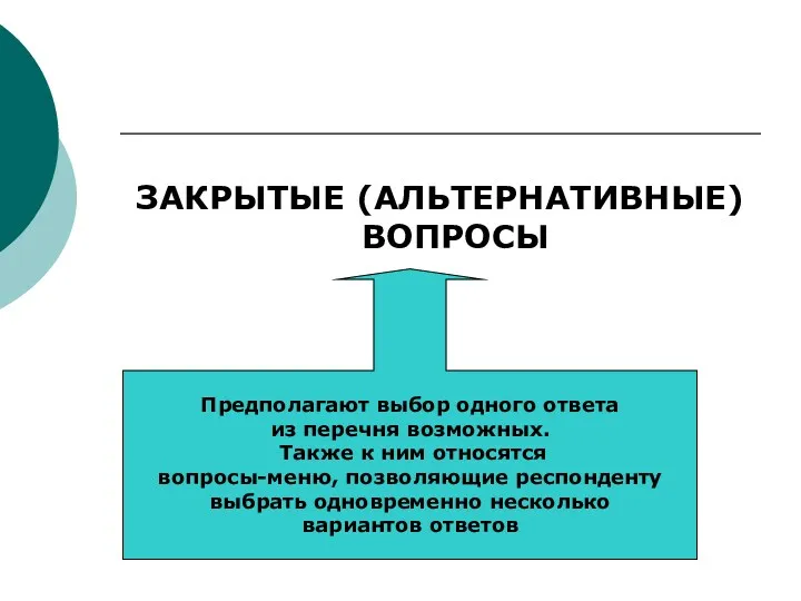 ЗАКРЫТЫЕ (АЛЬТЕРНАТИВНЫЕ) ВОПРОСЫ Предполагают выбор одного ответа из перечня возможных.