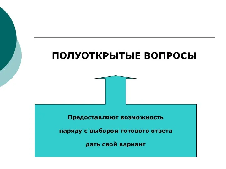 ПОЛУОТКРЫТЫЕ ВОПРОСЫ Предоставляют возможность наряду с выбором готового ответа дать свой вариант