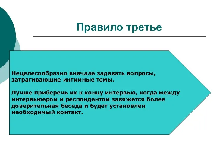 Правило третье Нецелесообразно вначале задавать вопросы, затрагивающие интимные темы. Лучше