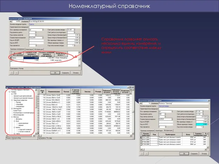 Номенклатурный справочник Справочник позволяет описать несколько единиц измерения, и определить соответствие между ними