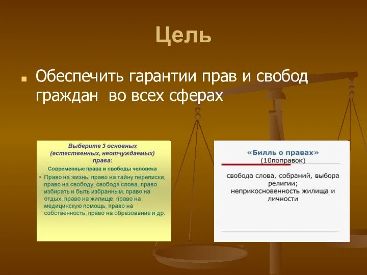 Цель Обеспечить гарантии прав и свобод граждан во всех сферах